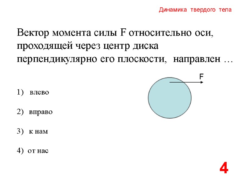 Динамика  твердого  тела Вектор момента силы F относительно оси,  проходящей через